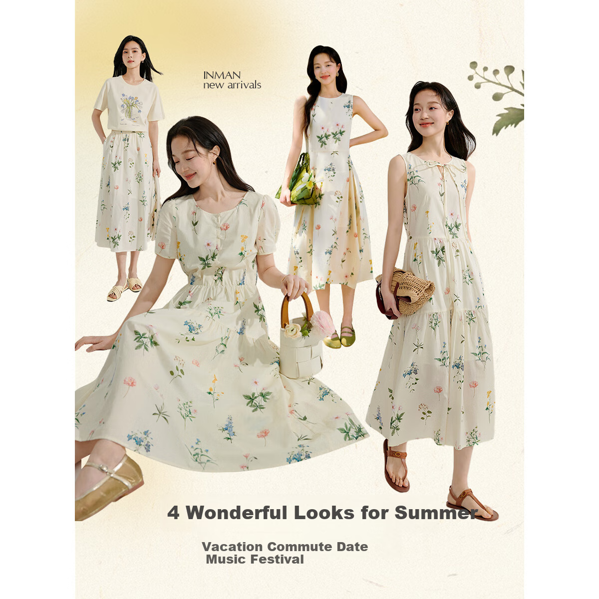 INMAN Summer Plant Floral Print Women's Cotton High-Waist A-Line Skirt Apricot M