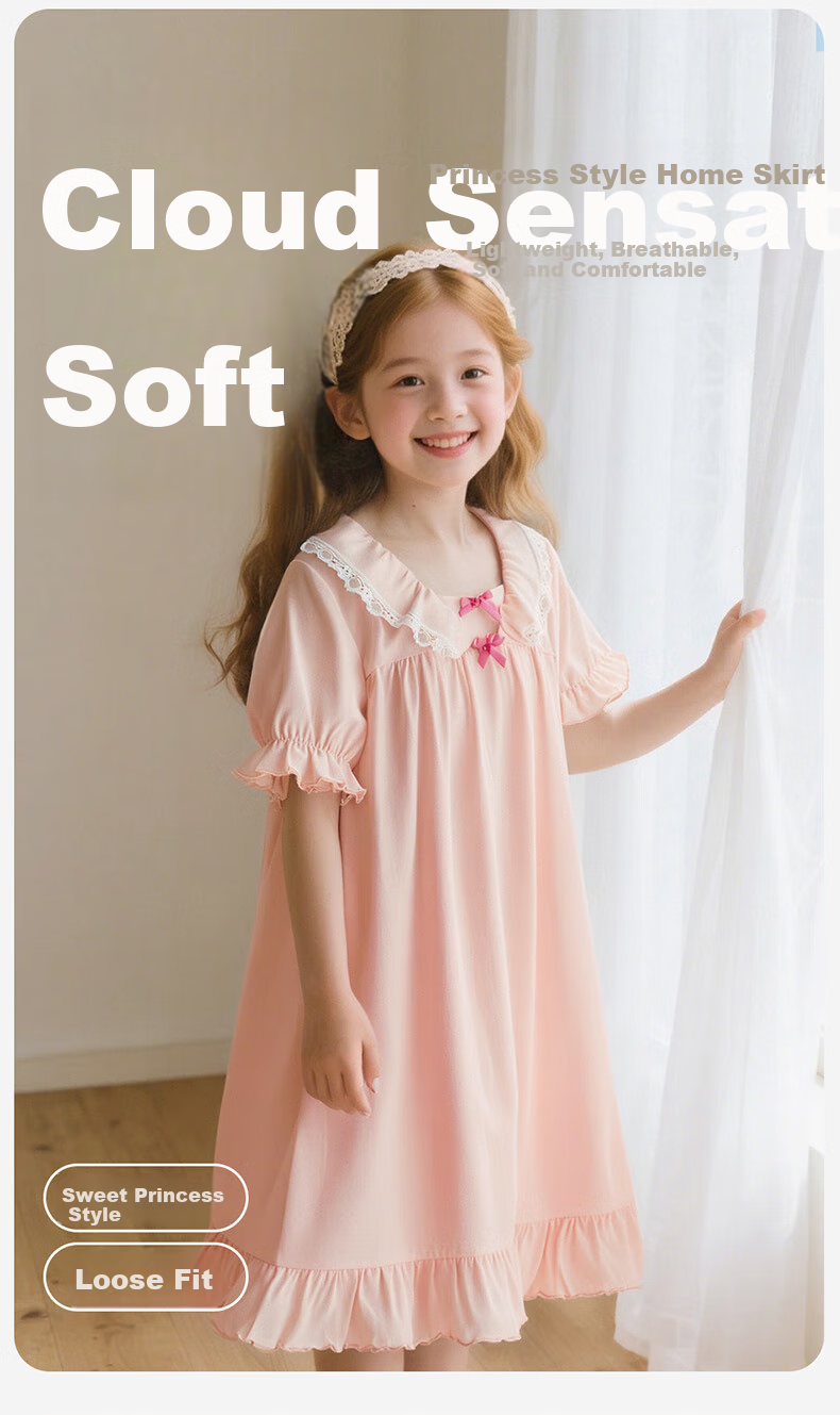 Dingguagua Girls' Nightgown, Summer Princess Style, Class A Pure Cotton Long Dress, Children's Pajamas, Loungewear, Parent-Child Dress, Light Pink, Size 130 1