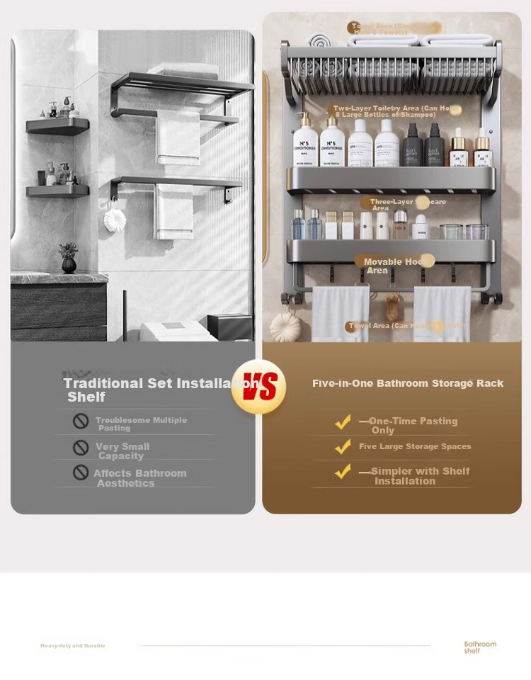 Jiabangshou Bathroom Storage Rack, No Drilling Required, Towel Rack, Bathroom Accessories Organizer, Space Aluminum Wall-Mounted Towel Rack - 2 Layers 4