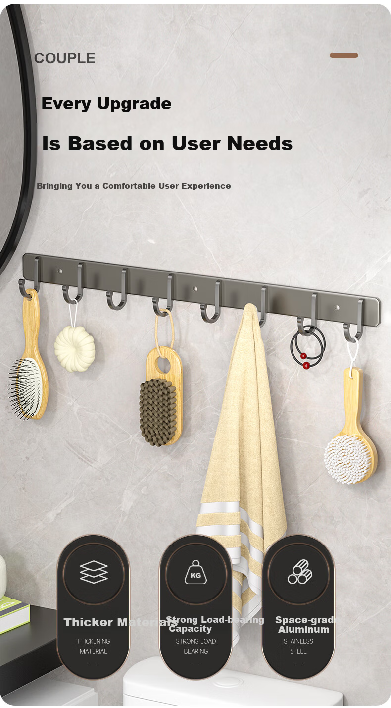Baizi Space Aluminum Hooks, No Drilling Required, Coat Hooks, Door Back Key Hooks, Entryway Bathroom Kitchen Adhesive Hooks, 8 Hooks 2