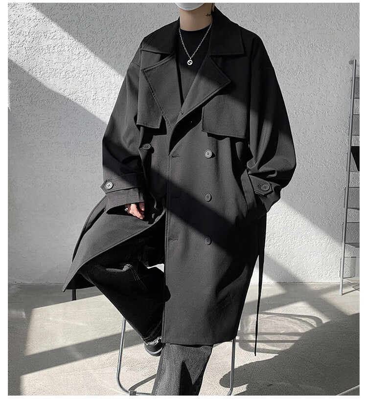 NASA GOOD Men's Mid-Length Trench Coat Autumn Winter Cold-Resistant Warm Loose Casual Double-Breasted Belted Jacket Black L 12