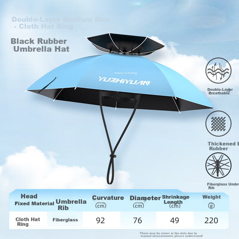 Yuzhiyuan Head Umbrella Hat, Double-Layer Breathable Fishing Umbrella, Outdoor Fishing Sun Protection And Rain Protection, Black Rubber, Medium Size, Adult Rubber Ring 7