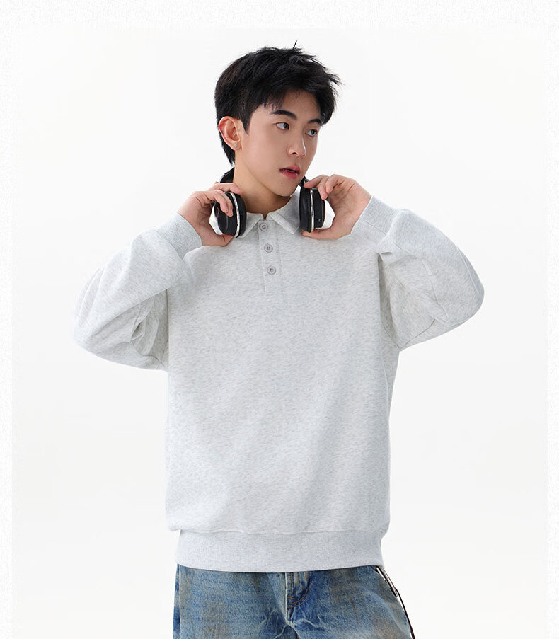 Dingfengbaoluo Heavyweight Polo Collar Sweatshirt Men Autumn Winter Trendy Casual Loose Simple Solid Color Top DQZ10 Black XL 3
