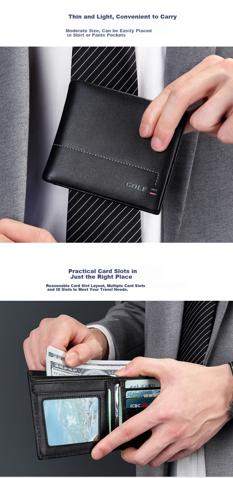 GOLF Men's Wallet, Top-Grain Leather, Horizontal Short Style, Multi-Card Slots, Card Holder, Leather Billfold, Coin Purse, ID Holder, Gift Box Packaging 7