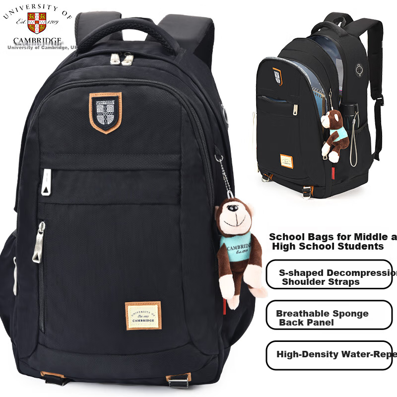 UNIVERSITY OF CAMBRIDGE Large Capacity Middle School Backpack for Boys And Girls, Multifunctional High School Backpack CA203 Black