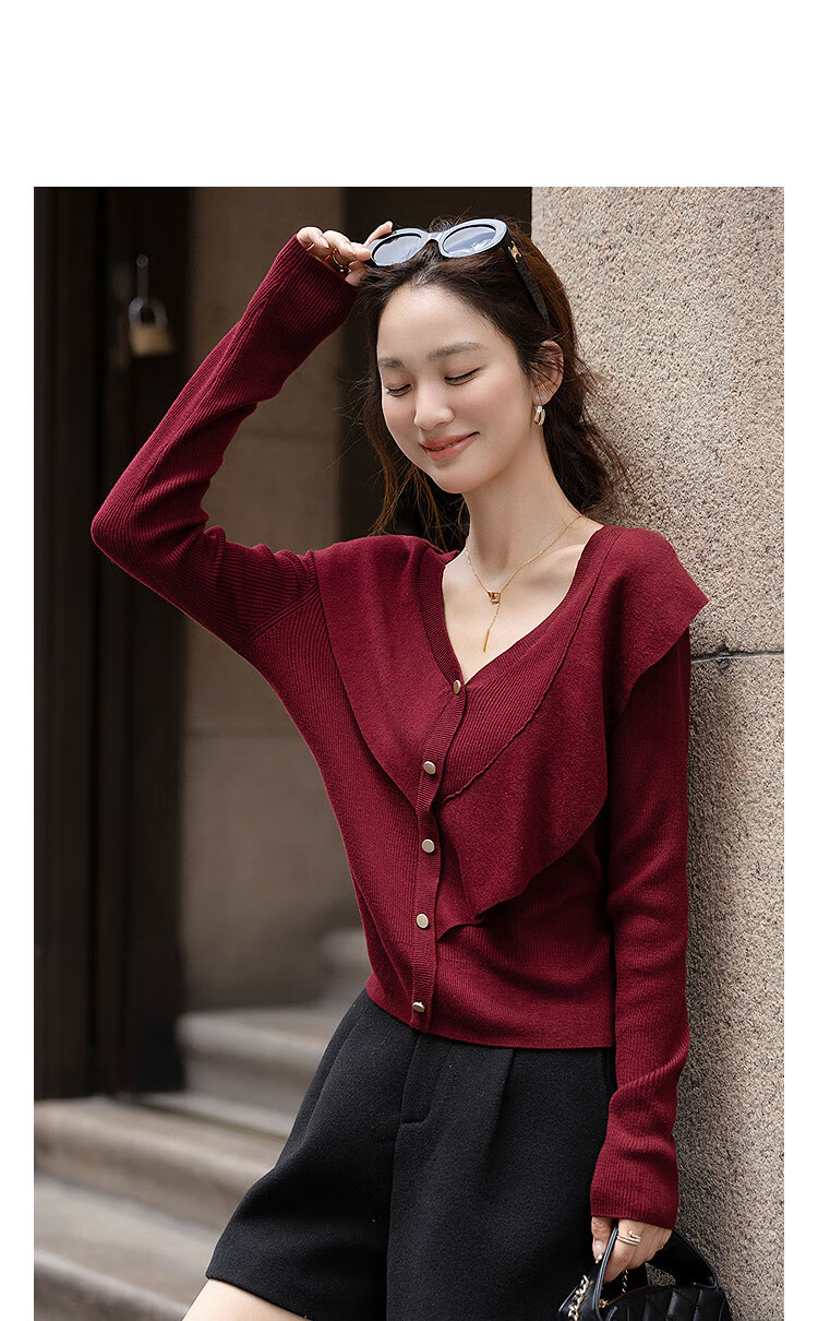 Demana Autumn Elegant Irregular Ruffle V-Neck Knit Sweater with Contrasting Buttons and Wool Blend 2