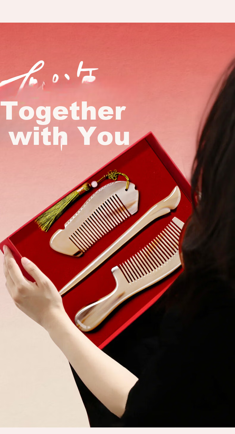 Chaojun Authentic Natural Ox Horn Comb, Portable Scalp Massage Tool, Meridian Therapy, Mid-Autumn Festival Gift for Parents, Elders, Clients, High-End Practical Gift for Friends, Birthday Present for Wife, Gift Box Set 5