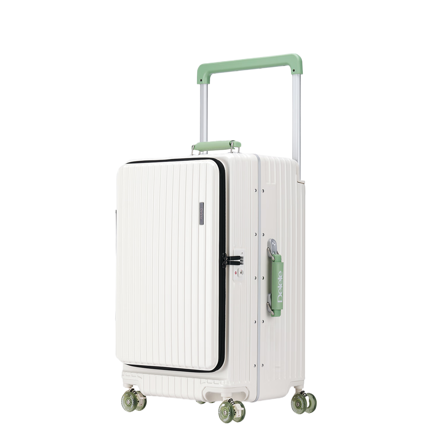 DELETE Side-Opening Wide Handle Carry-On Luggage, Large Capacity Check-In Suitcase, White & Green, 26 Inches