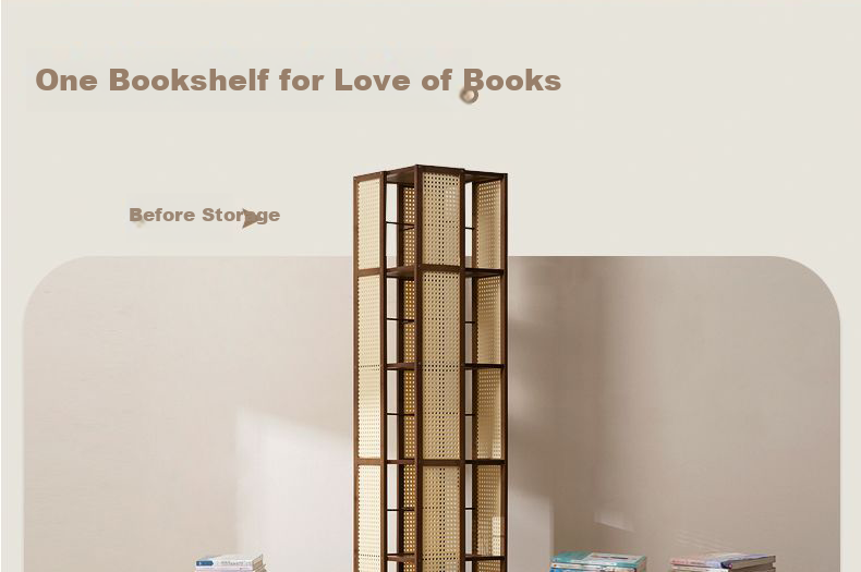 Yimo Rotating Bookshelf, Multi-Tier Floor-Standing Storage Display Rack for Home Living Room, Plastic Rattan, Four-Tier, Tea Color 4