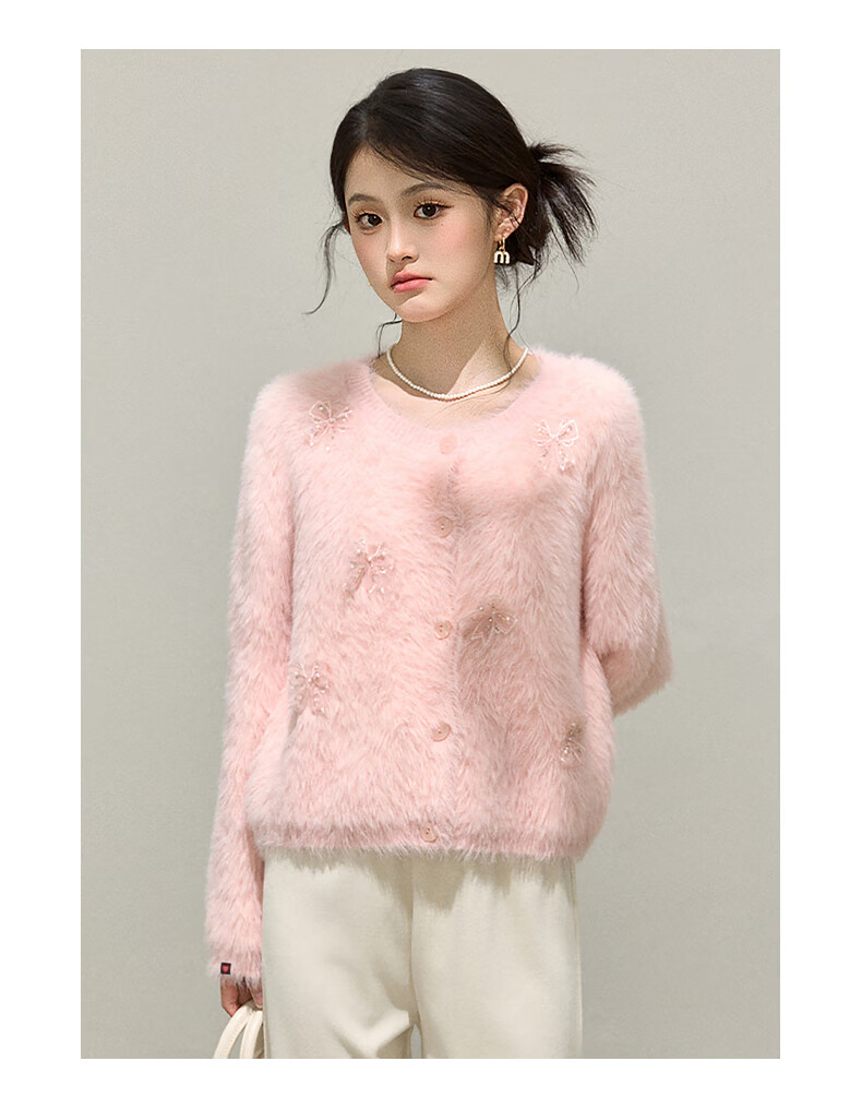 :CHOCOOLATE IT Bow Knit Sweater Women's Spring Autumn New Design Chanel Style Cardigan Pink One Size 6