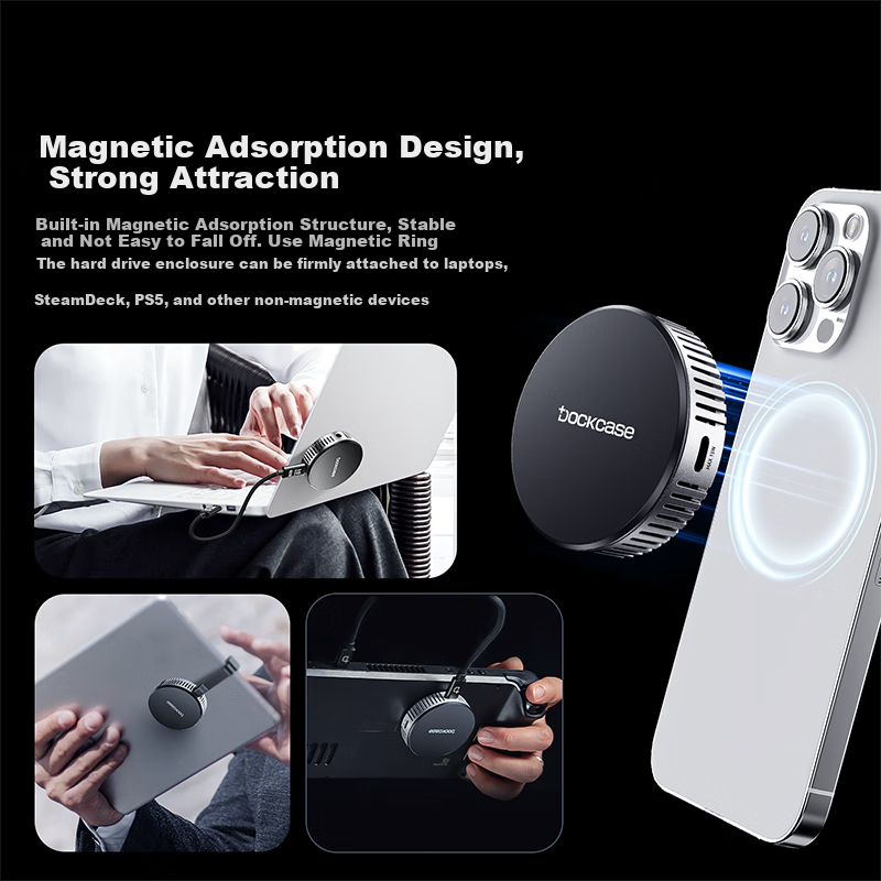DOCKCASE Magnetic Fan 2230 M.2 NVMe External SSD Enclosure for IPhone 17, Compatible with Portable SSDs And External Storage Expansio
