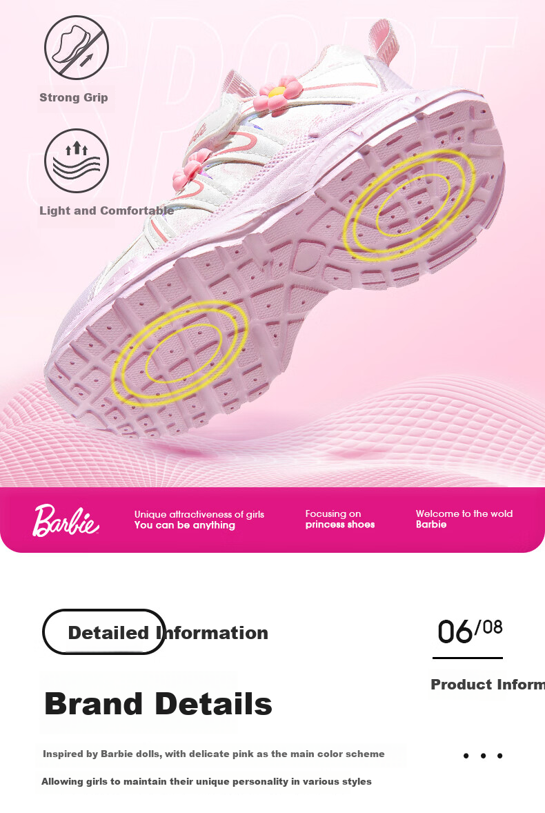 Barbie Children's Spring And Autumn Single-Layer Dad Shoes, Girls' Elementary School Running Shoes, Sports Casual Shoes DA6937 Pink 33 10