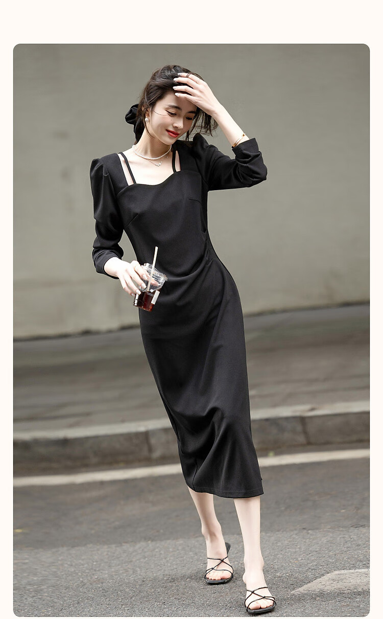 Demana Pure Desire Strap Design Spring Autumn French Style Square V Neck Waist Slimming Little Black Dress Knitted Twisted Linen Dress for Women 1