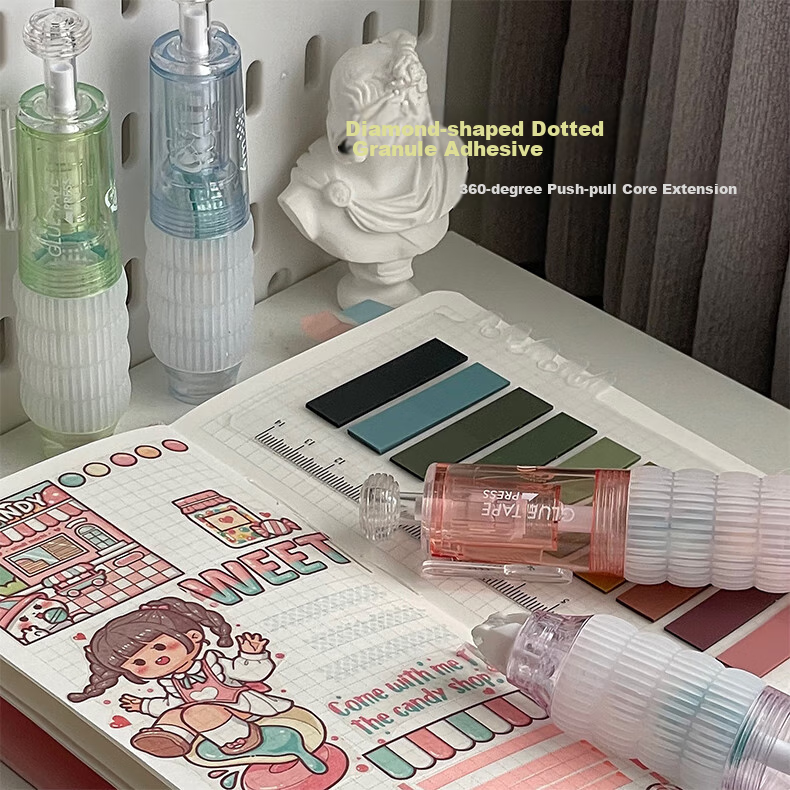 Shaonianban Dotted Glue Pen, Retractable High-Value Dotted Glue Pen with Correction Tape, Strong Double-Sided Adhesive, Large Capacity, Children's Craft High Viscosity, Green Grape Ice Lemo 7