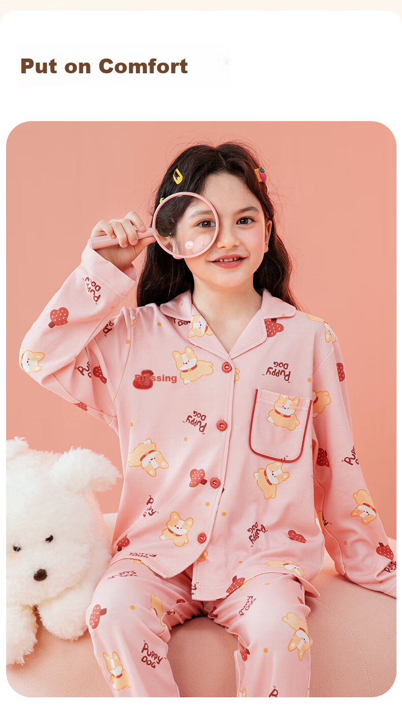 Fenteng Children's Pajamas for Girls, Antibacterial Pure Cotton Spring Cartoon Long-Sleeve Sleepwear for Older Kids 9