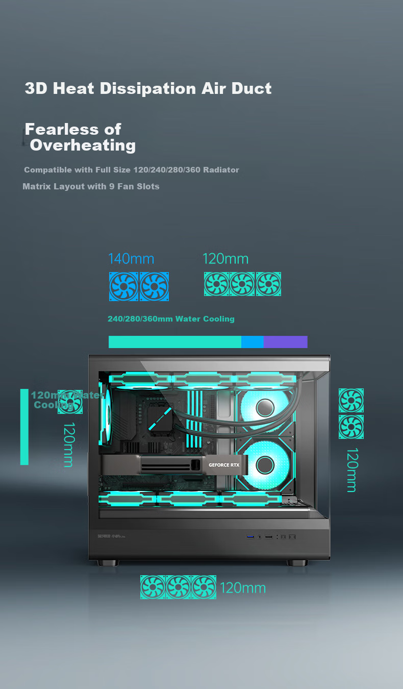 Golden Field Xiaoyu LITE Black Gaming Computer Desktop Case Compatible with 360 Water Cooling, MATX Motherboard, Three-Sided Quick Release, PVC High Transparency Light Panel, 270° Panoramic View 2