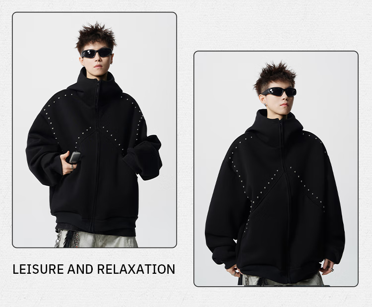 Homlean American Heavyweight Rivet Hooded Zip-Up Sweatshirt Men Autumn Trendy Loose Casual Jacket HX35 Black M 4