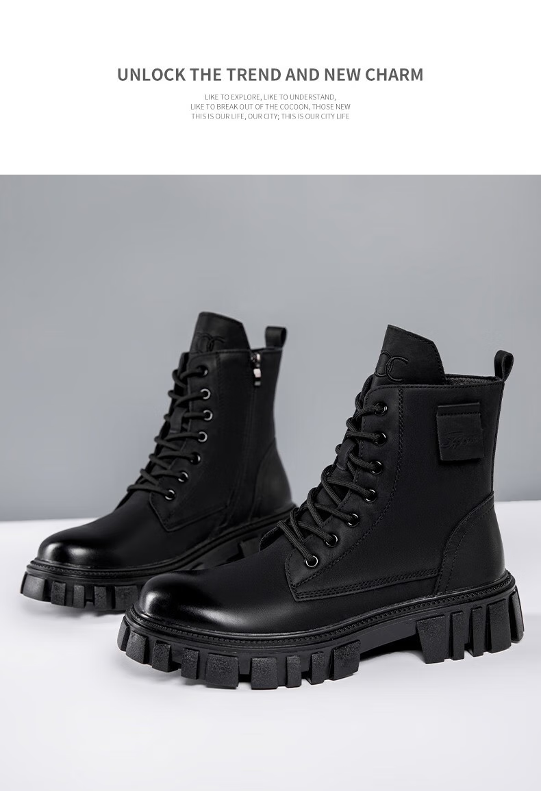 XO Men's Martin Boots Leather 2025 Autumn Winter High-Top Thick-Soled Work Boots Black Size 43 5