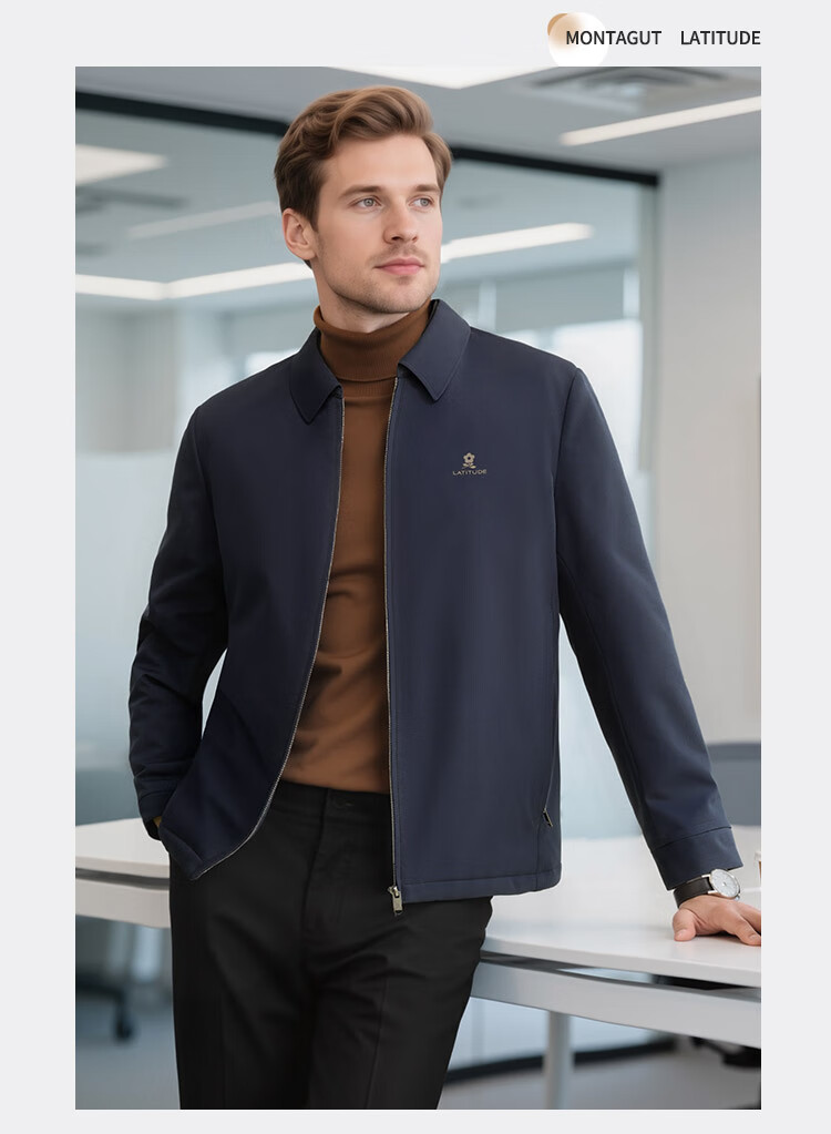 MONTAGUT Men's Winter Wool Jacket Cotton Coat Turn-down Collar Middle-aged Business Warm Cotton-padded Coat Navy Blue Size 50 5