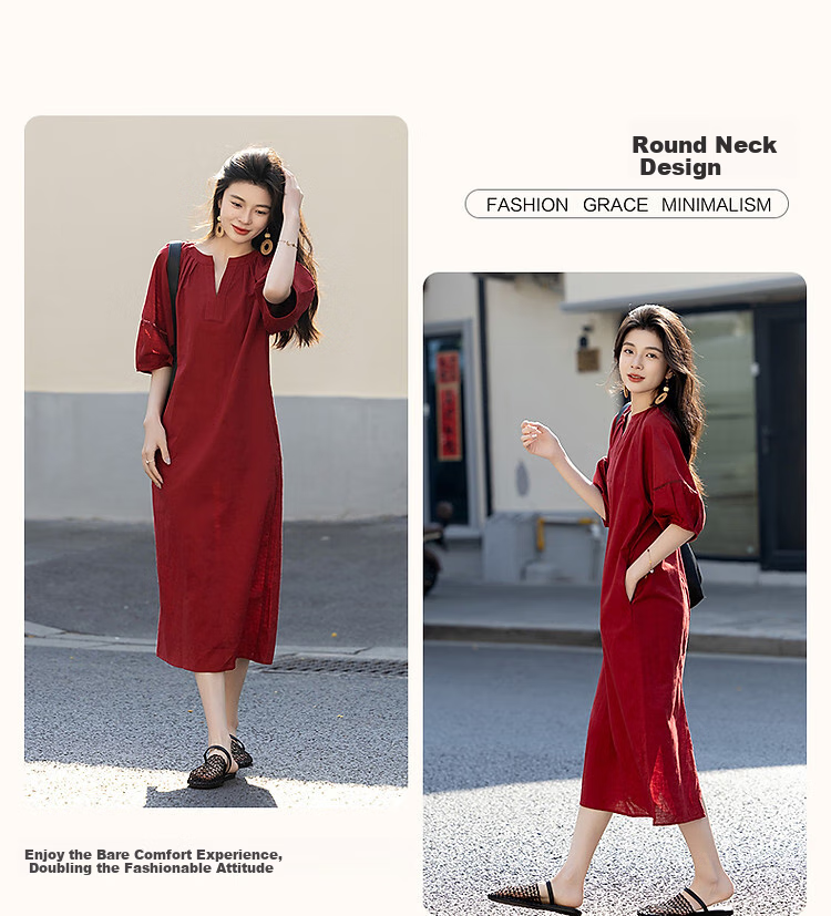 Dme [Chunmuji] Summer Smooth Linen Cotton Bamboo Jersey Round Neck Loose Straight Dress for Petite Wome 4