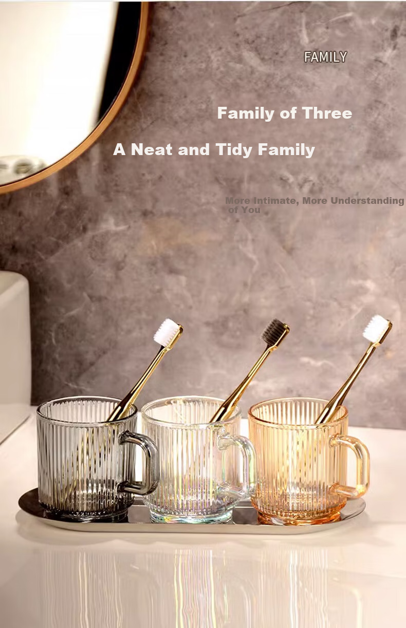 Fanyejia Glass Mouthwash Cup Set of 3, Luxury Style Couple Water Cups for Hotel, Inn, Dormitory, with Brush Handle Tooth Cup 10