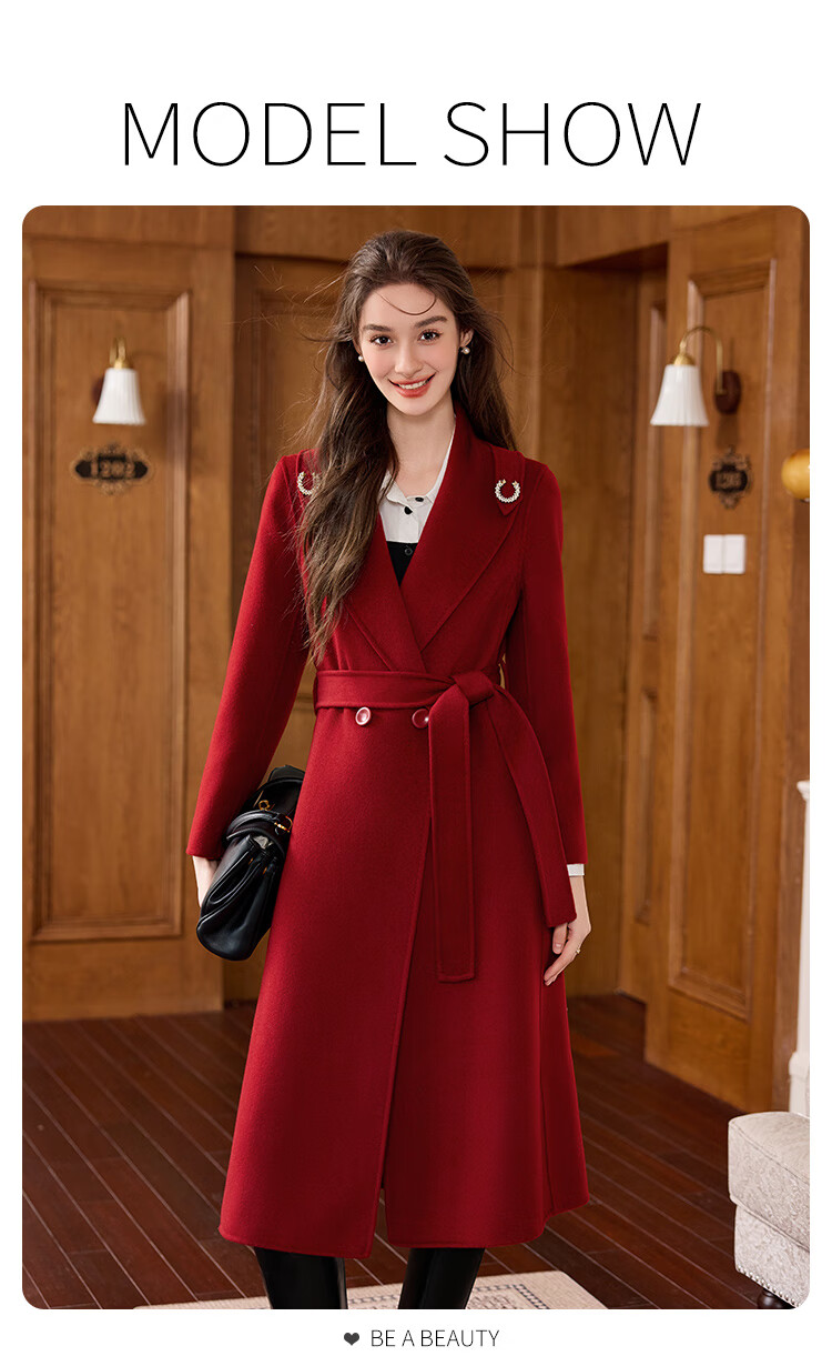 Bailu Elegant Commuter Double-Sided Wool 25 Winter New Belted Slim Fit 100% Wool Coat Women French Red L 3