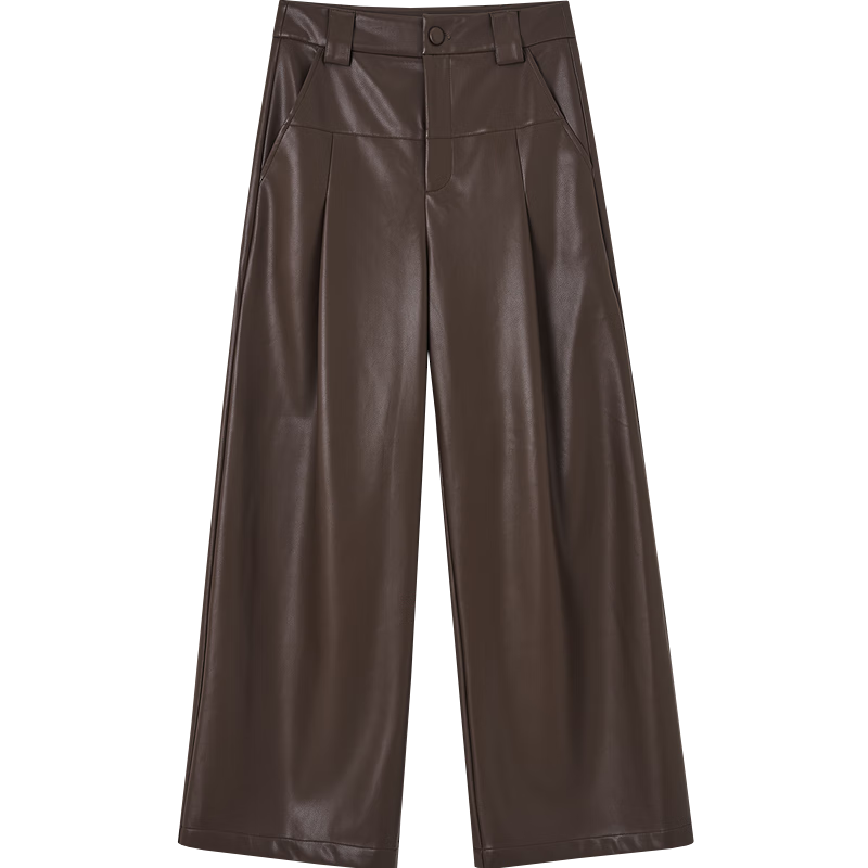 Demana Fashionable Elegant Autumn Design Pleated Panel Wide-Leg PU Surface Petite Women's Casual Pants