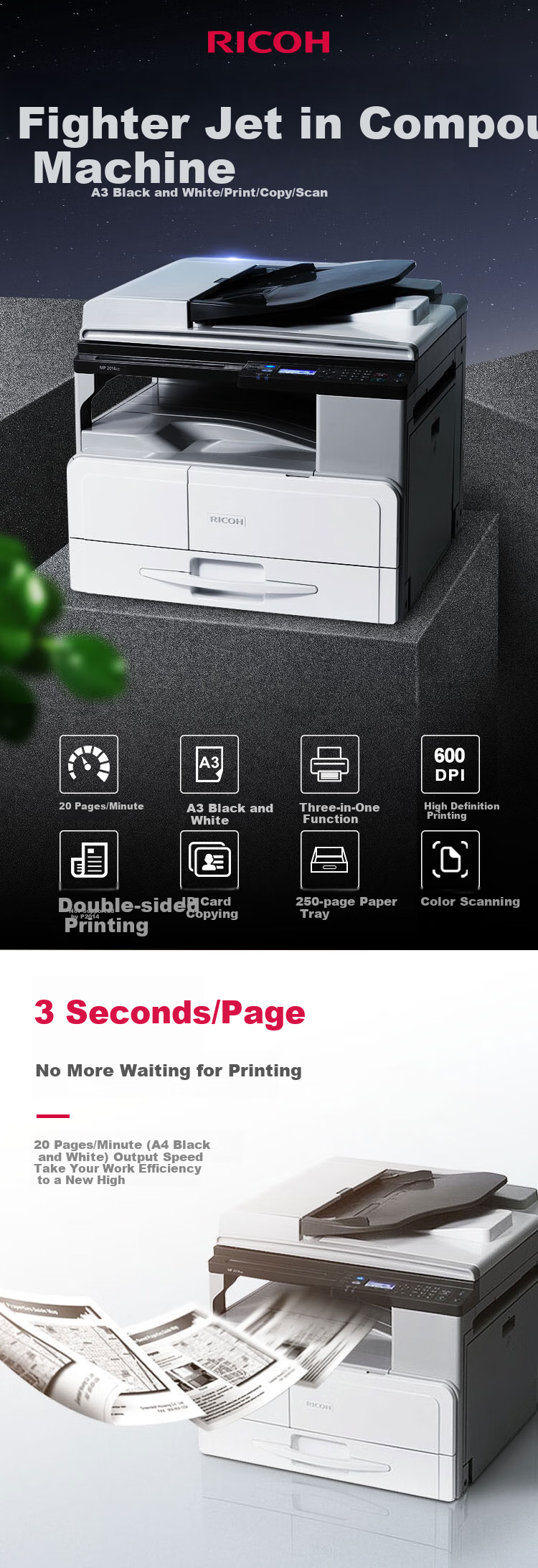RICOH M2310N A3A4 Black And White Laser Multifunction Printer, Print Copy Scan / Wired Network, Main Unit + Document Feeder + Single Paper Tray 3