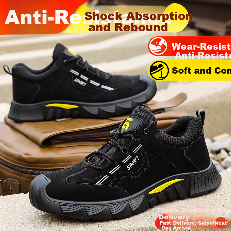 JUNBU Safety Shoes for Men with Steel Toe Cap, Anti-Smashing, Anti-Puncture, Lightweight, Comfortable, Wear-Resistant Construction Site Safety Work Shoes 0266BK Size 38