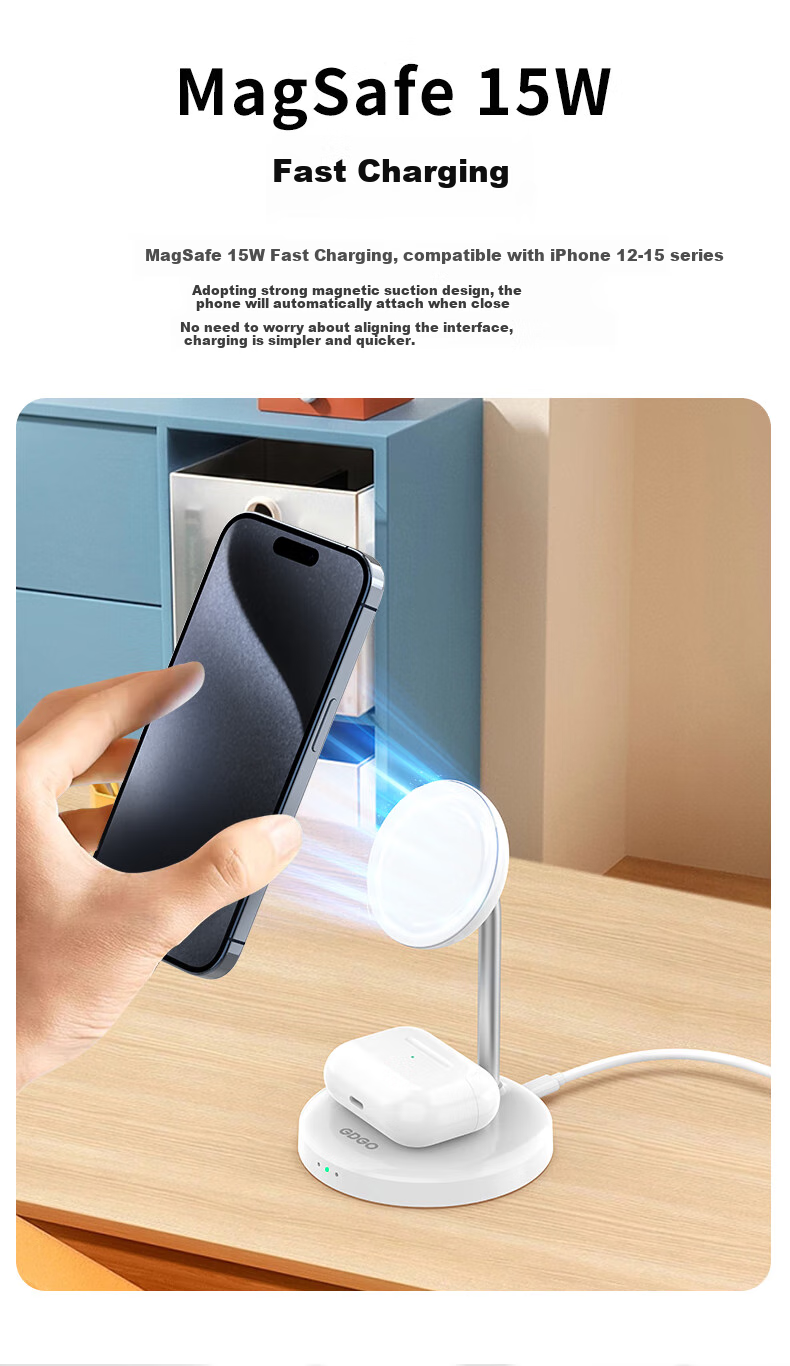 GDGO [Apple MFM Certified] 15W Two-In Wireless Charger, MagSafe Magnetic Vertical Fast Charging, MFi Certified, Suitable for IPhone 18/17 PM/Air Phones And Earphones 5