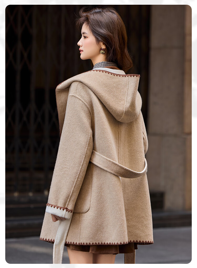Bailuyu Hooded Wool Blend Double-Faced Woolen Coat 25 Winter New Elegant Fashion Mid-Length Women's Oatmeal XL 6