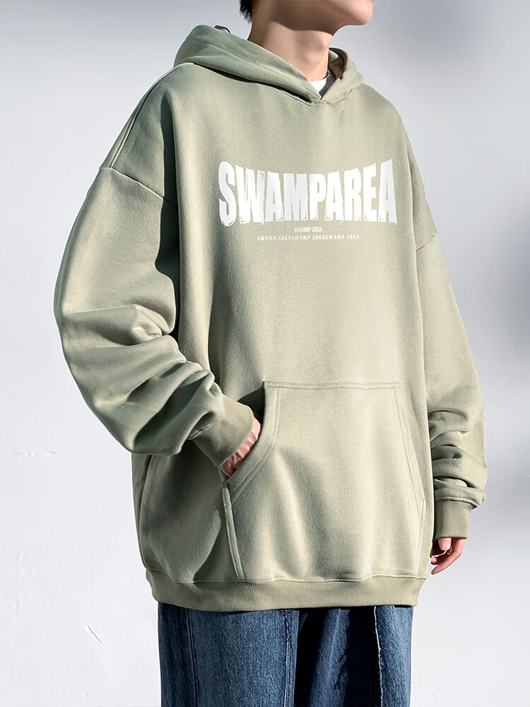 SWAMP AREA American-Style Hooded Men's Sweatshirt, Spring And Summer Loose-Fitting Heavy Casual College-Style Pullover Top, SAR02 Black L 6