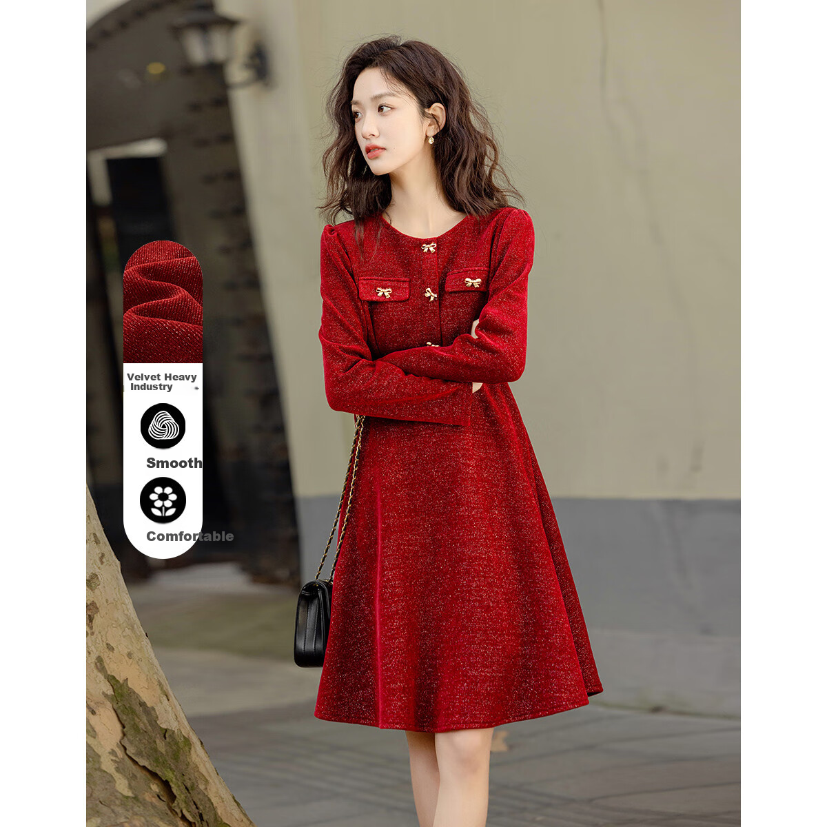 Dme [New Year And Rose] Autumn And Winter Velvet-Like Shiny Silk Bow Decorative Button Puff Sleeve Waist-Cinching Elegant Women's Dress