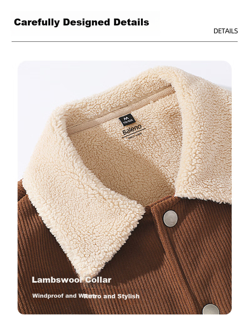 Baleno Men's Heavyweight Warm Fleece-Lined Thick Jacket for Autumn And Winter, Lambswool Texture Windproof Corduroy Cotton Coat 16
