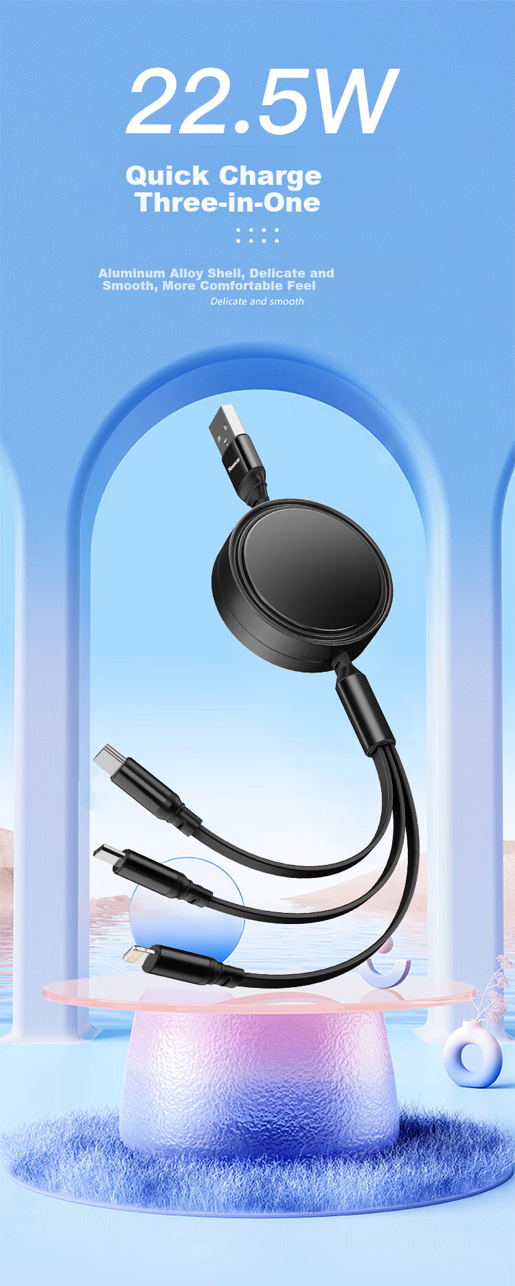 Newmine Charger Cable Three-In Retractable Data Cable Fast Charging 22.5W One-To Apple Type-C Android Phone Car Charger Supports IPhone 15-18 Phones And Tablets Red 1