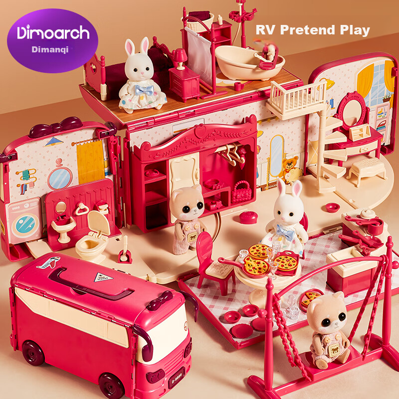 Dimoarch Children's Pretend Play Toy Caravan Bus Princess Bedroom Kitchen Koala Girl Doll House Villa Birthday Gift