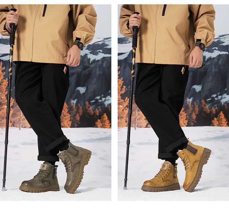 Bull Family Martin Boots Men 2026 Winter New Versatile Yellow Boots Fleece Lined Warm Snow Boots Men's Outdoor Hiking Shoes 36