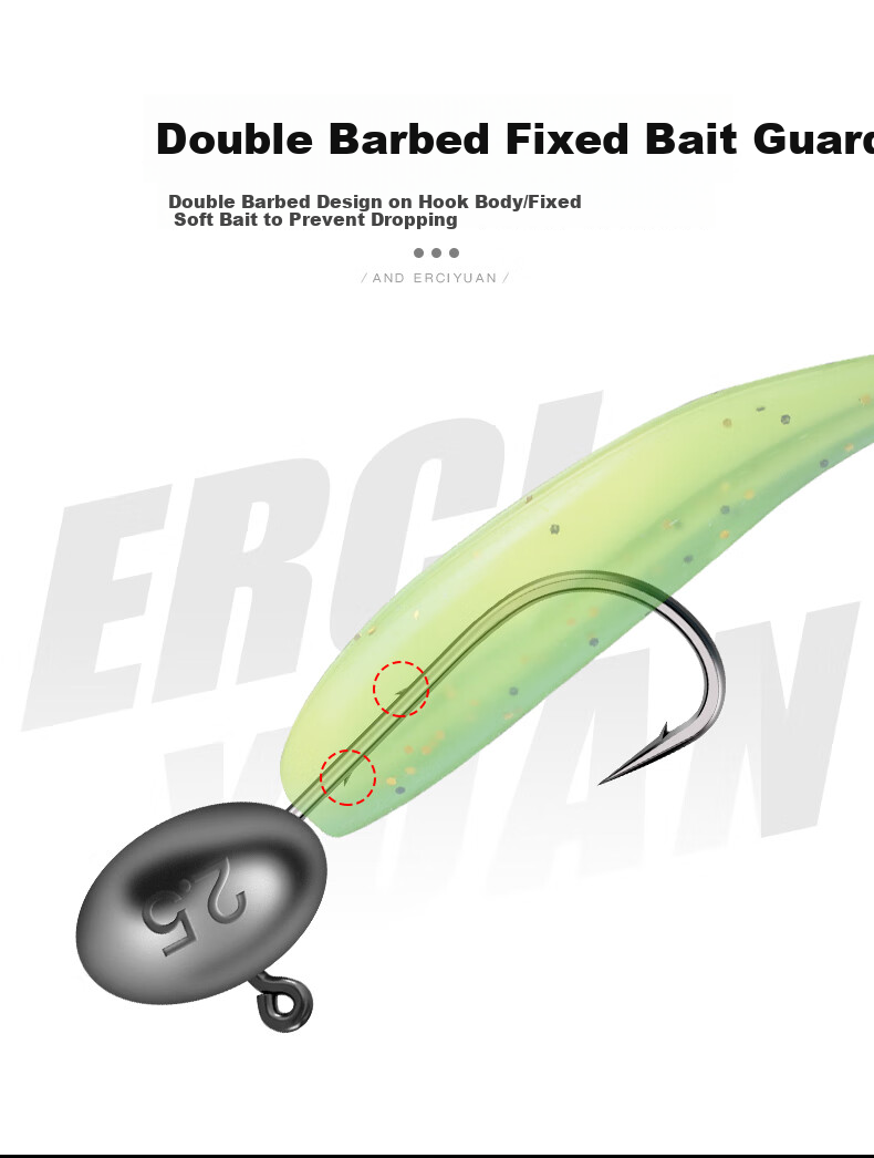 Erciyuan Lead Jig Hook, Anti-Snag Bottom Lure Hook, Double Barbed Soft Bait Hook, Bottom-Jumping Bass And Mandarin Fish Hook, Root Fishing Hook #2 3g (10 Pieces/box) 4