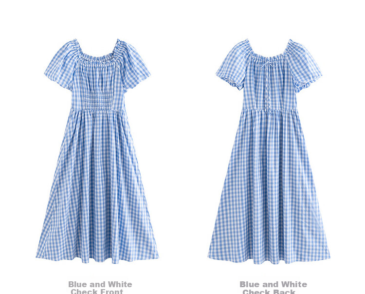 INMAN French Plaid Dress Summer Women's Versatile Puff Sleeve A-Line Skirt Navy Blue S 35