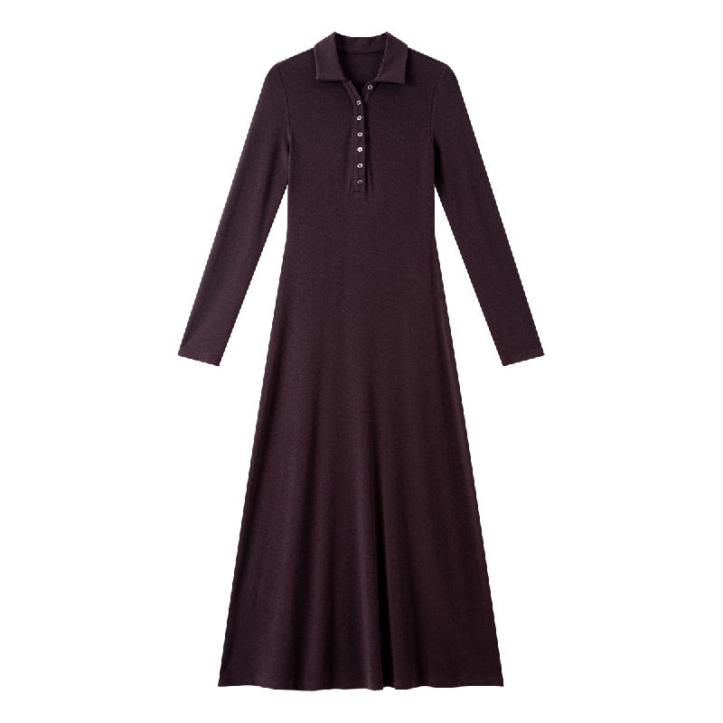 Fansiman Commuter Polo Collar Dress for Women Autumn New Slim Fit Shoulder Long Dress Mulberry Purple S