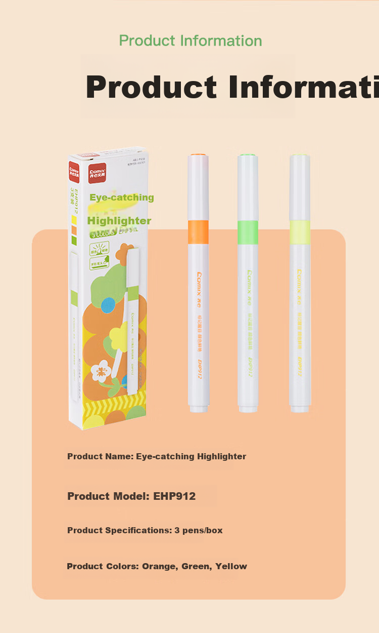 COMIX Colorful Highlighters, Small Pack, Student Stationery for Exams And Review, Marker Pens for Note-Taking And Drawing, 3 Pens/Box EHP912 5