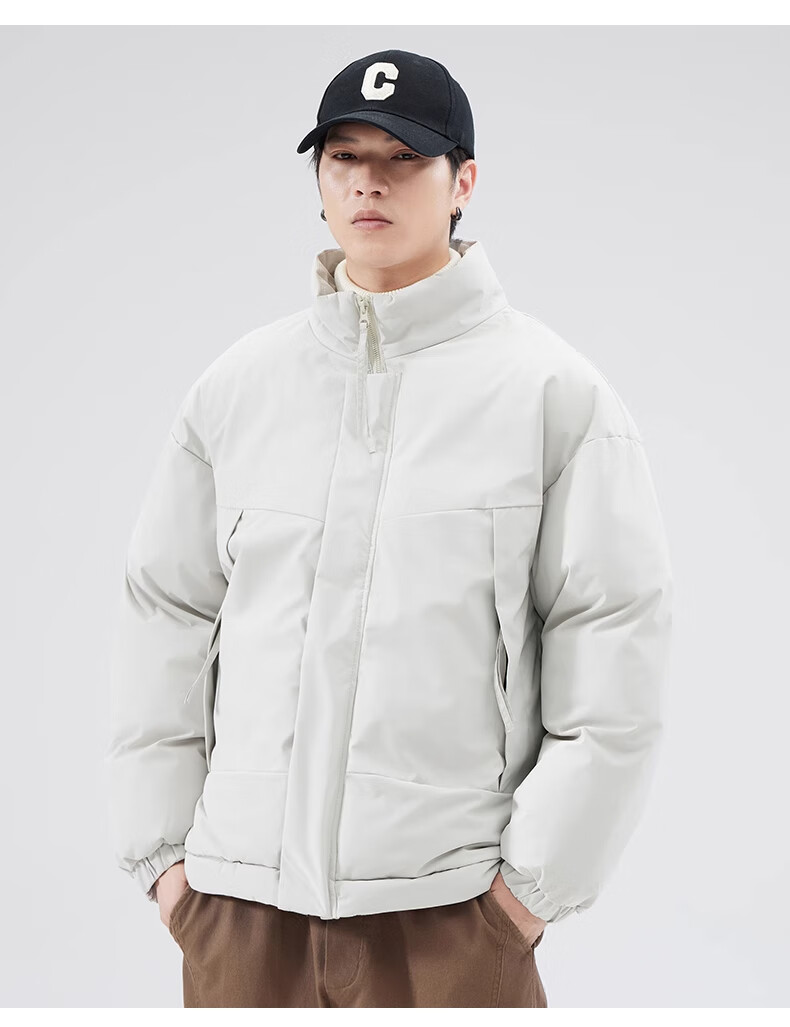 Cotton Casual Men's Winter Solid Color Stand Collar Cotton Jacket Warm Cotton Padded Coat Black 2XL 8