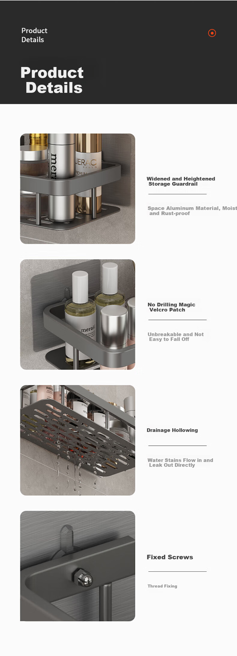 Xinpei Space Aluminum Square Bathroom Storage Rack, No Drilling Required, Toilet Washstand Organizer, Wall-Mounted Kitchen Storage Shelf 5