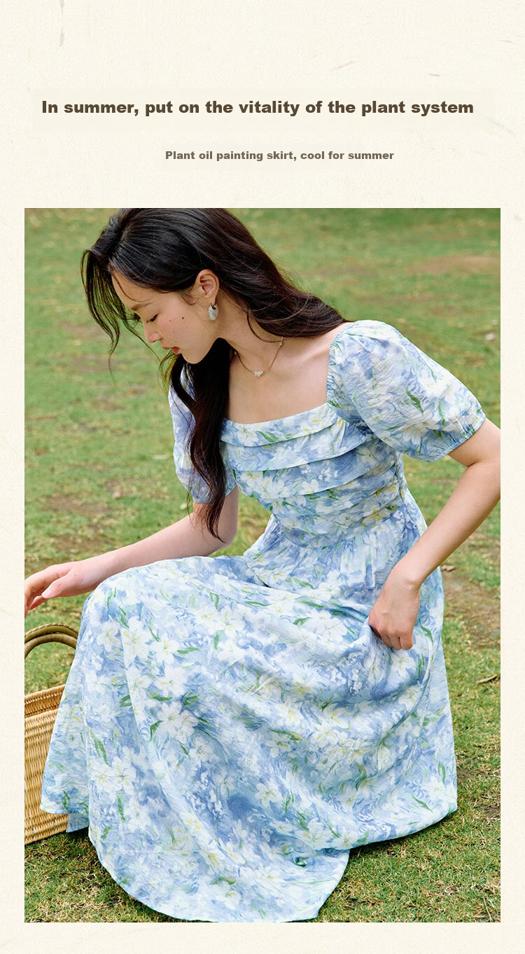 Inman Vacation Style Seaside Print Dress Summer Women's Square Neck Puff Sleeve Waist Cinched Long Dress Glaze Blue M 1