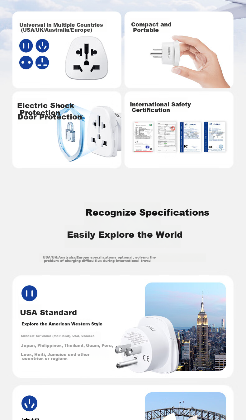 MOMAX European Standard Travel Socket/Adapter/power Converter Suitable for European Standard Regions (Germany, France, South Korea, Etc.) White 2