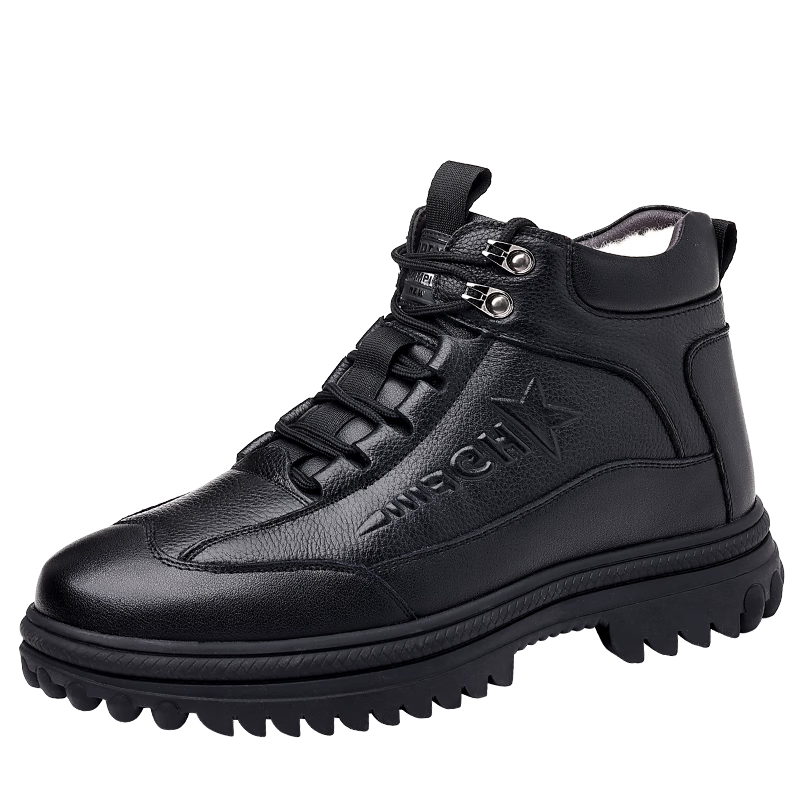 Hengyuanxiang Men's First Layer Cowhide Leather Winter Fleece-lined Martin Boots New Snow Boots Cotton Shoes J6388 Black Size 43