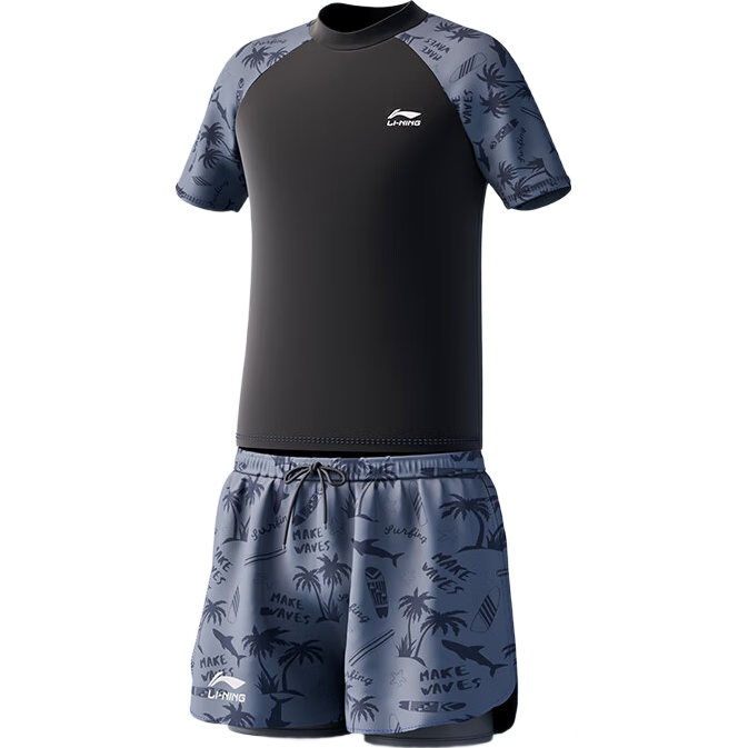 Li-Ning Children's Swimwear, Boys' Two-Piece Swimsuit, Big And Fat Kids Swimming Costume, Swim Trunks, Goggles, Swim Cap Set, 882 Black, Size 170