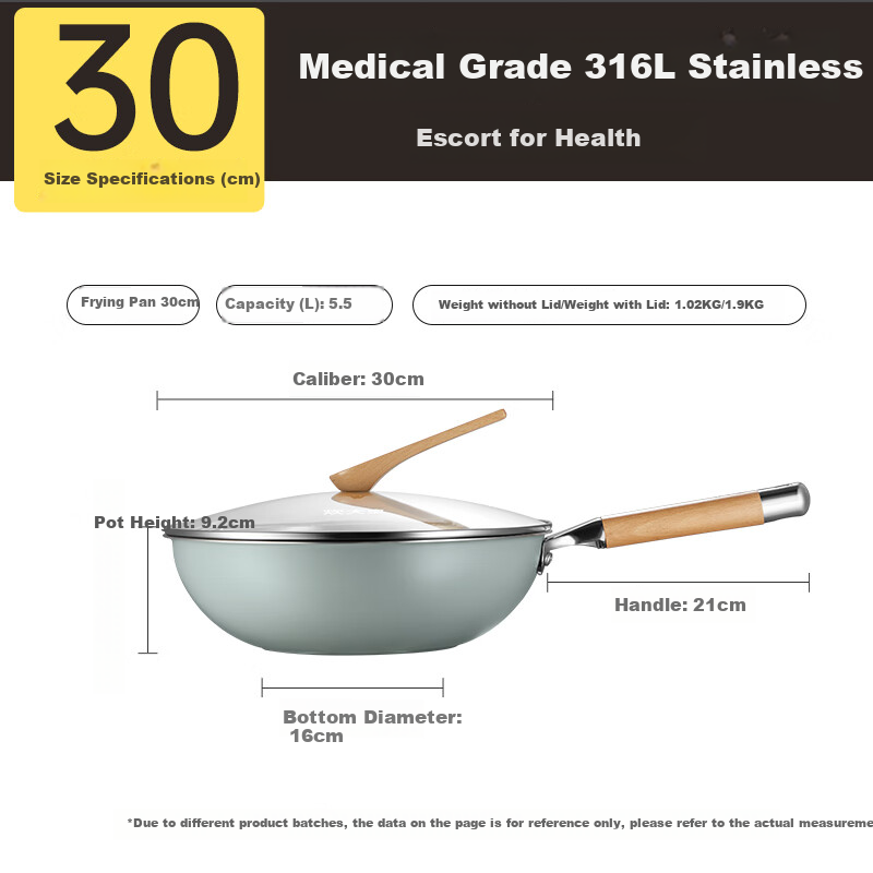 COOKER KING Wok, 316L Stainless Steel Frying Pan, Non-Stick Flat Bottom Wok 30cm, Visible Lid, Suitable for All Stoves