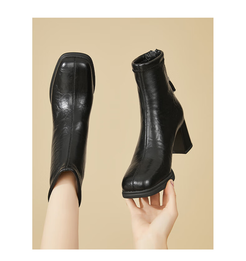 DAPHNE Vintage High Heel Fleece-Lined Ankle Boots for Women Petite French Square Toe Fashion Chunky Heel Slim Leather Boots Brown 37 5
