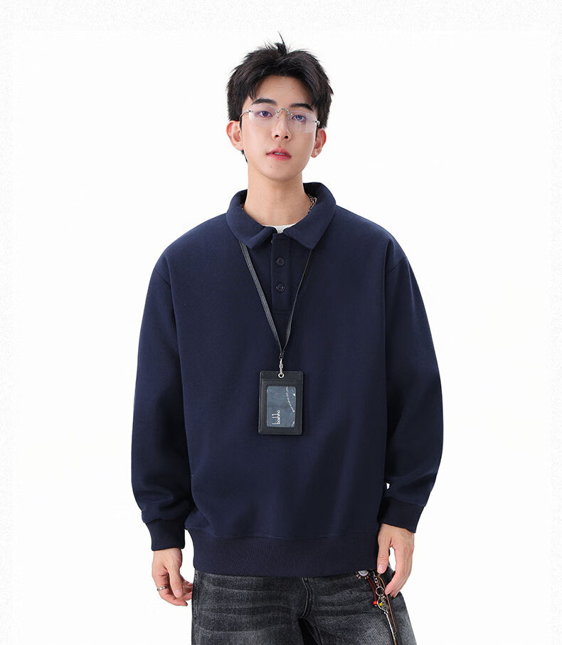 Dingfengbaoluo Heavyweight Polo Collar Sweatshirt Men Autumn Winter Trendy Casual Loose Simple Solid Color Top DQZ10 Black XL 5